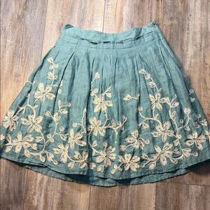 Talbots Teal Green Circle Skirt with Cream Floral Embroidery
